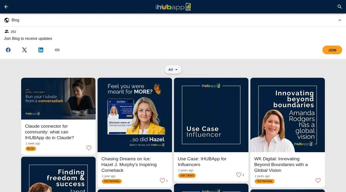 A channel feed on inspirehub.com showing the Blog channel with 262 members, a Join button, and post cards with likes.