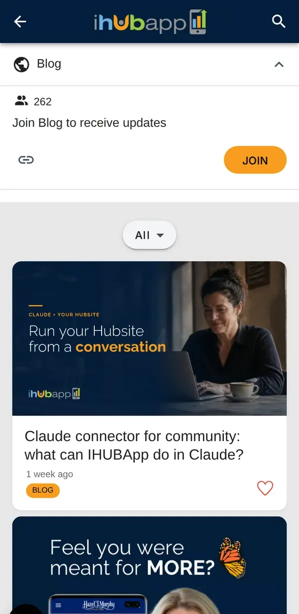 The same Blog channel on a phone, with a Join button and the latest post.