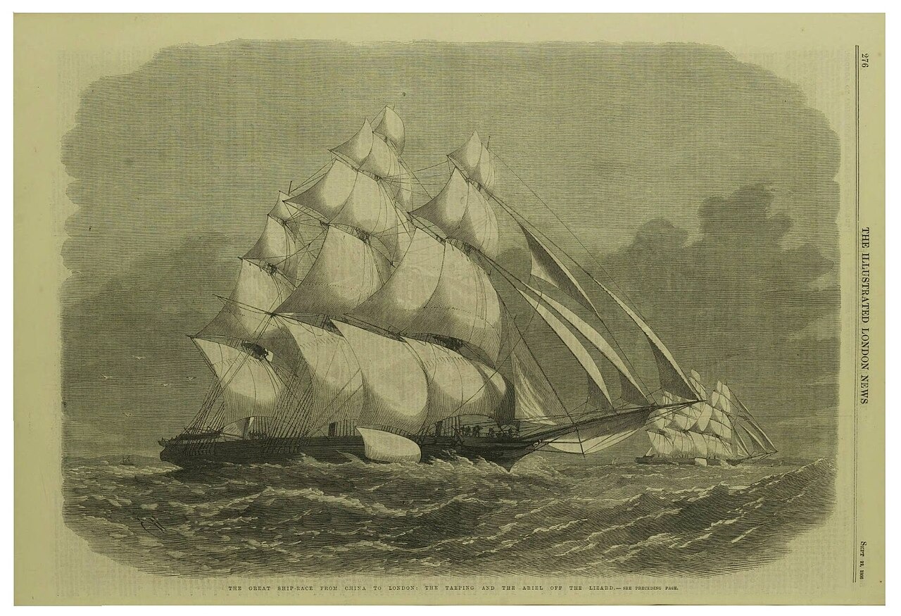 A Victorian engraving of the tea clippers Taeping and Ariel racing side by side under full sail